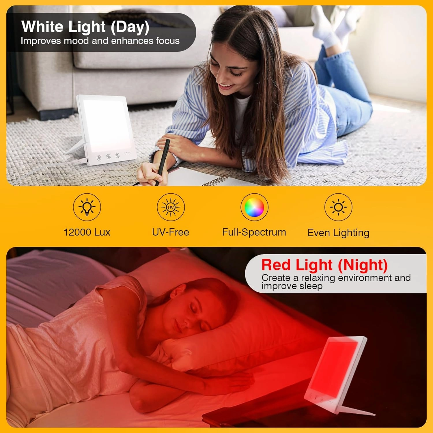 Light Therapy Lamp and Red Light Therapy for Face, UV-Free Sun Lamp with 660nm Red Light and 12000 Lux Bright White Light, Detachable Stand for Boosting Mood & Improving Skin Heal-th.