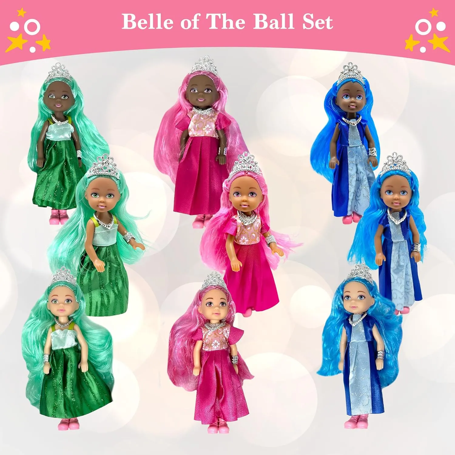 Little Dolls Set with Mini Princess Dolls for Girls – Princess Toy Dolls for Dollhouse –Small Doll Mini Princess Figures with Tiaras, Hair Accessories