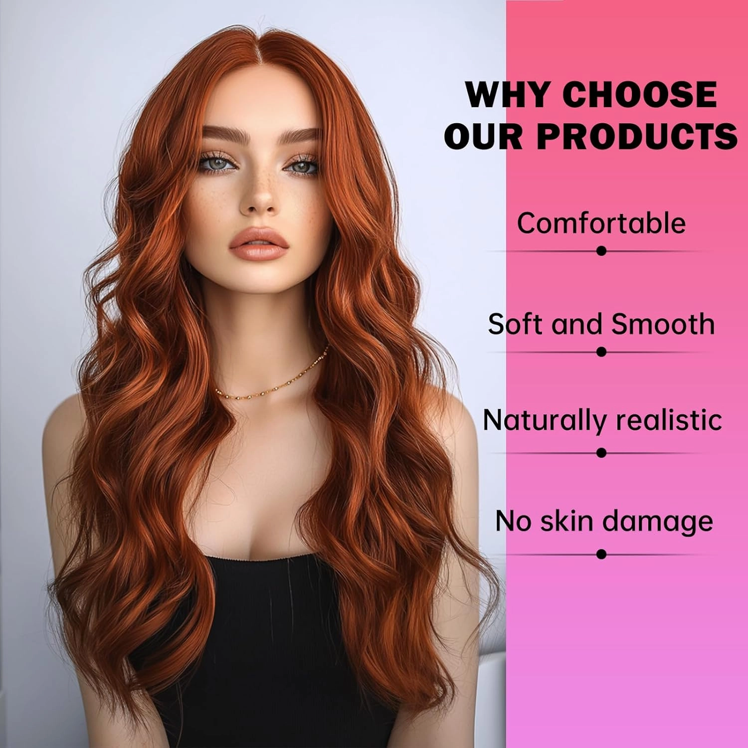 Long Copper Red Wave Wig for Women 26 Inch Middle Part Wavy Wigs Natural Looking Synthetic Heat Resistant Fiber Wigs for Daily Party Use (Copper Red)