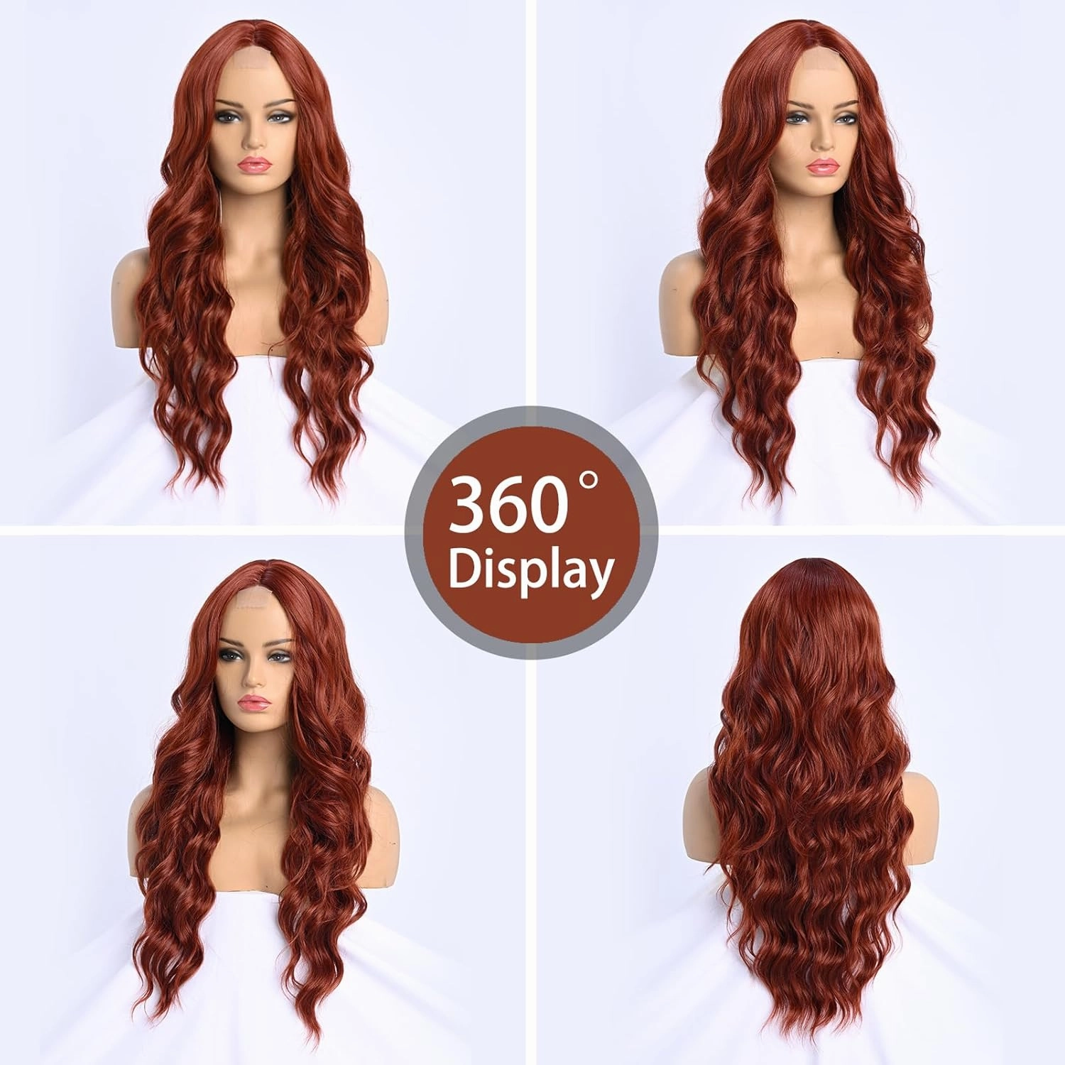 Long Copper Red Wave Wig for Women 26 Inch Middle Part Wavy Wigs Natural Looking Synthetic Heat Resistant Fiber Wigs for Daily Party Use (Copper Red)