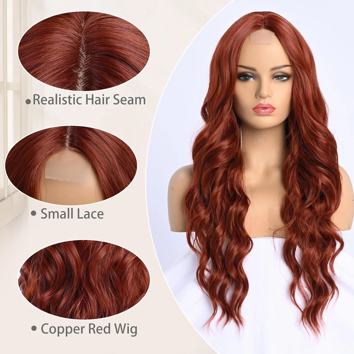 Long Copper Red Wave Wig for Women 26 Inch Middle Part Wavy Wigs Natural Looking Synthetic Heat Resistant Fiber Wigs for Daily Party Use (Copper Red)