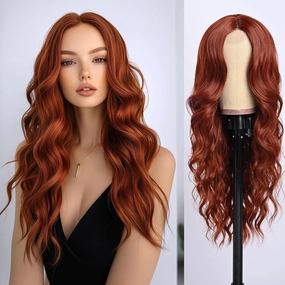 Long Copper Red Wave Wig for Women 26 Inch Middle Part Wavy Wigs Natural Looking Synthetic Heat Resistant Fiber Wigs for Daily Party Use (Copper Red)
