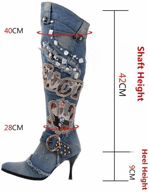 Lorie & Knight Women's Blue/Grey Jeans Knee High Boots Rivet Punk Stiletto Heel Pointed Toe Boots