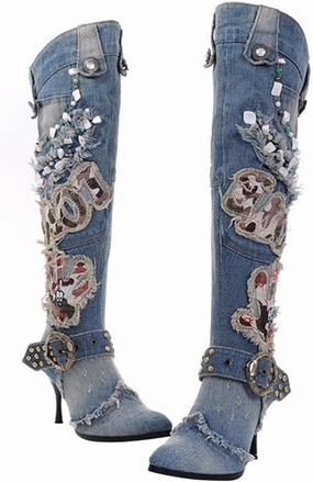 Lorie & Knight Women's Blue/Grey Jeans Knee High Boots Rivet Punk Stiletto Heel Pointed Toe Boots