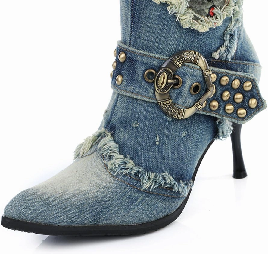 Lorie & Knight Women's Blue/Grey Jeans Knee High Boots Rivet Punk Stiletto Heel Pointed Toe Boots