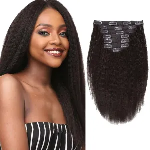 Loxxy Clip in Hair Extensions Human Hair Kinky Coarse For Afro Black Women Natural Black Double Weft Full Head Soft Real Hair 7 Pieces 120Gram #1B Kinky Straight