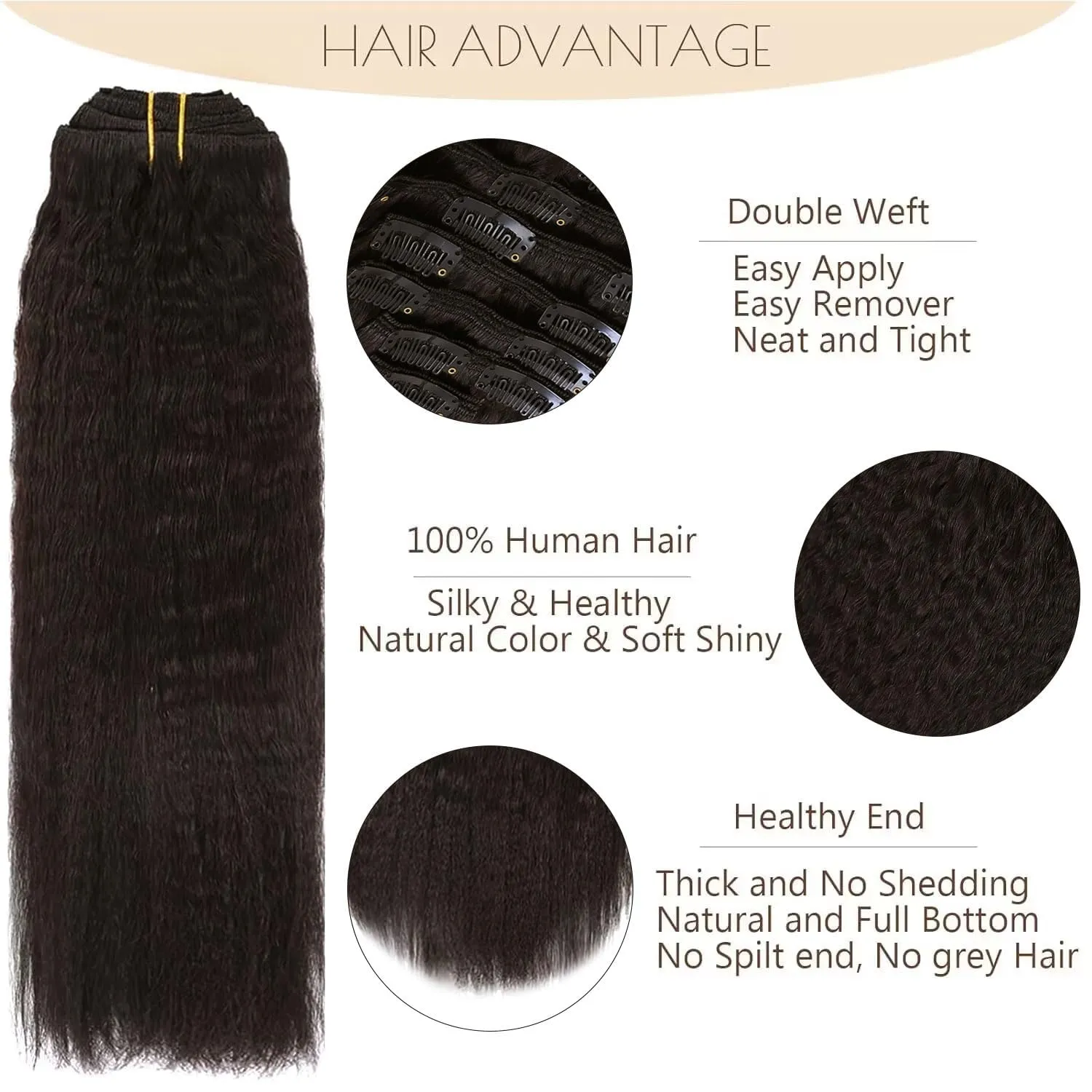 Loxxy Clip in Hair Extensions Human Hair Kinky Coarse For Afro Black Women Natural Black Double Weft Full Head Soft Real Hair 7 Pieces 120Gram #1B Kinky Straight