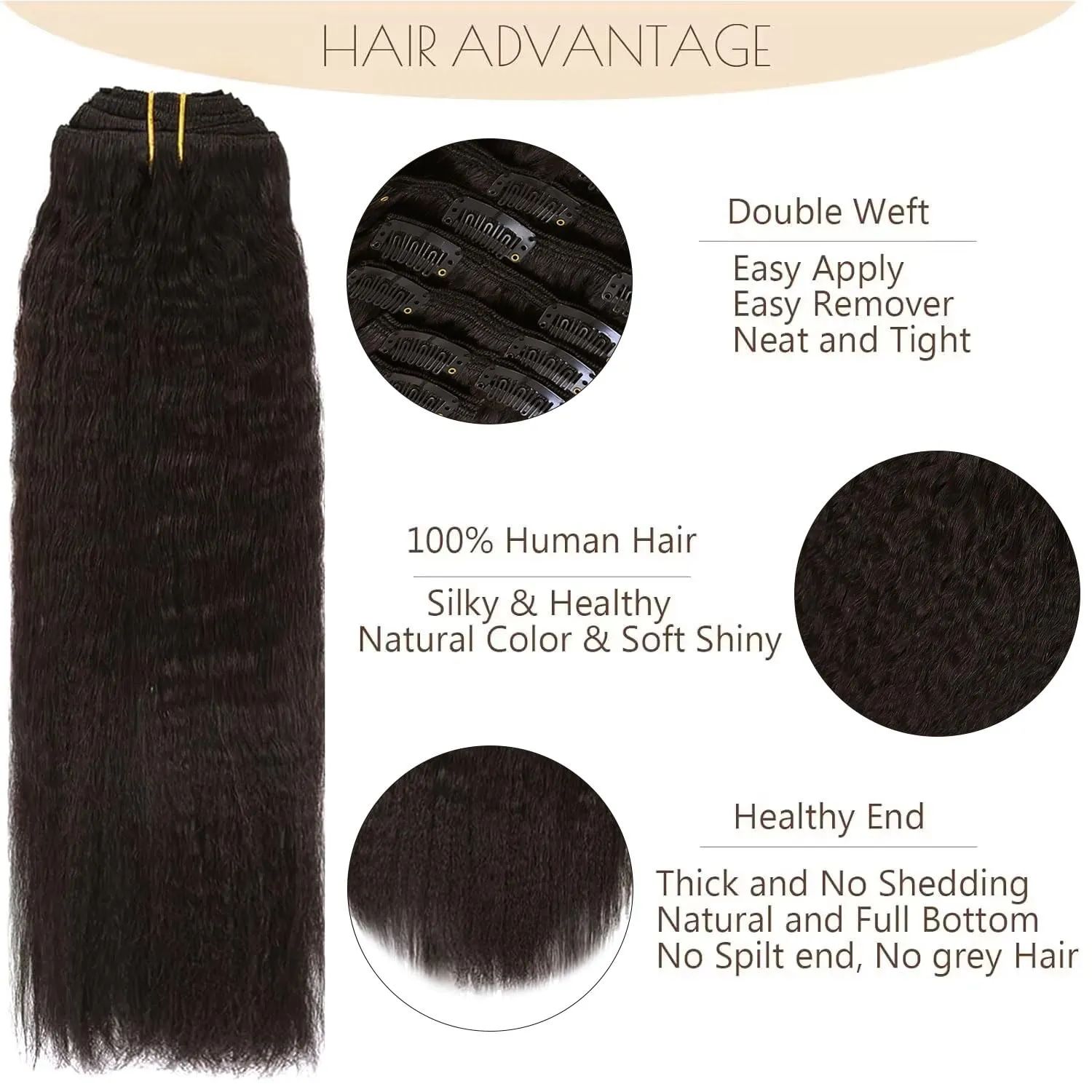 Loxxy Kinky Yaki Straight Clip in Hair Extensions Real Human Hair Big Volume Soft Natural Hair Clip ins For Balck Women Double Weft Full Head 7 Pieces 120Gram 16Inch