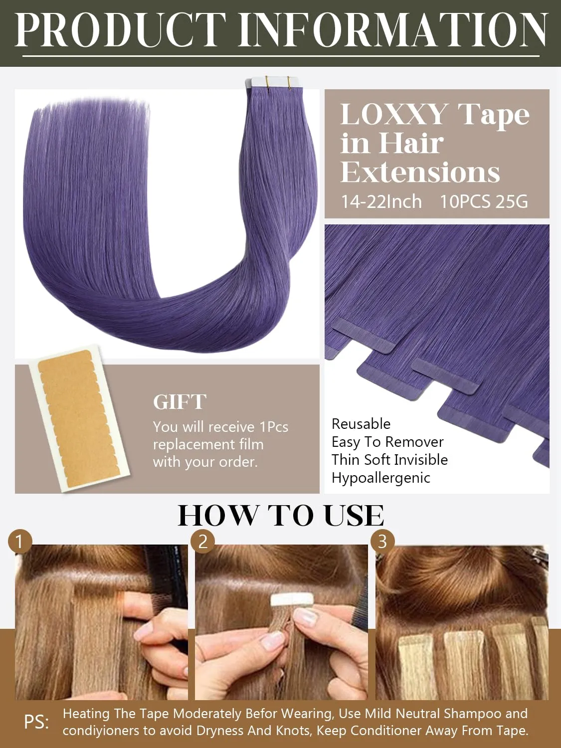 Loxxy Purple Human Hair Tape in Extensions 14 Inch Invisible Tape in Hair Extensions Real Human Hair Straight Natural Silky Straight Hair Extensions Tape ins 10pcs 25g Skin Weft