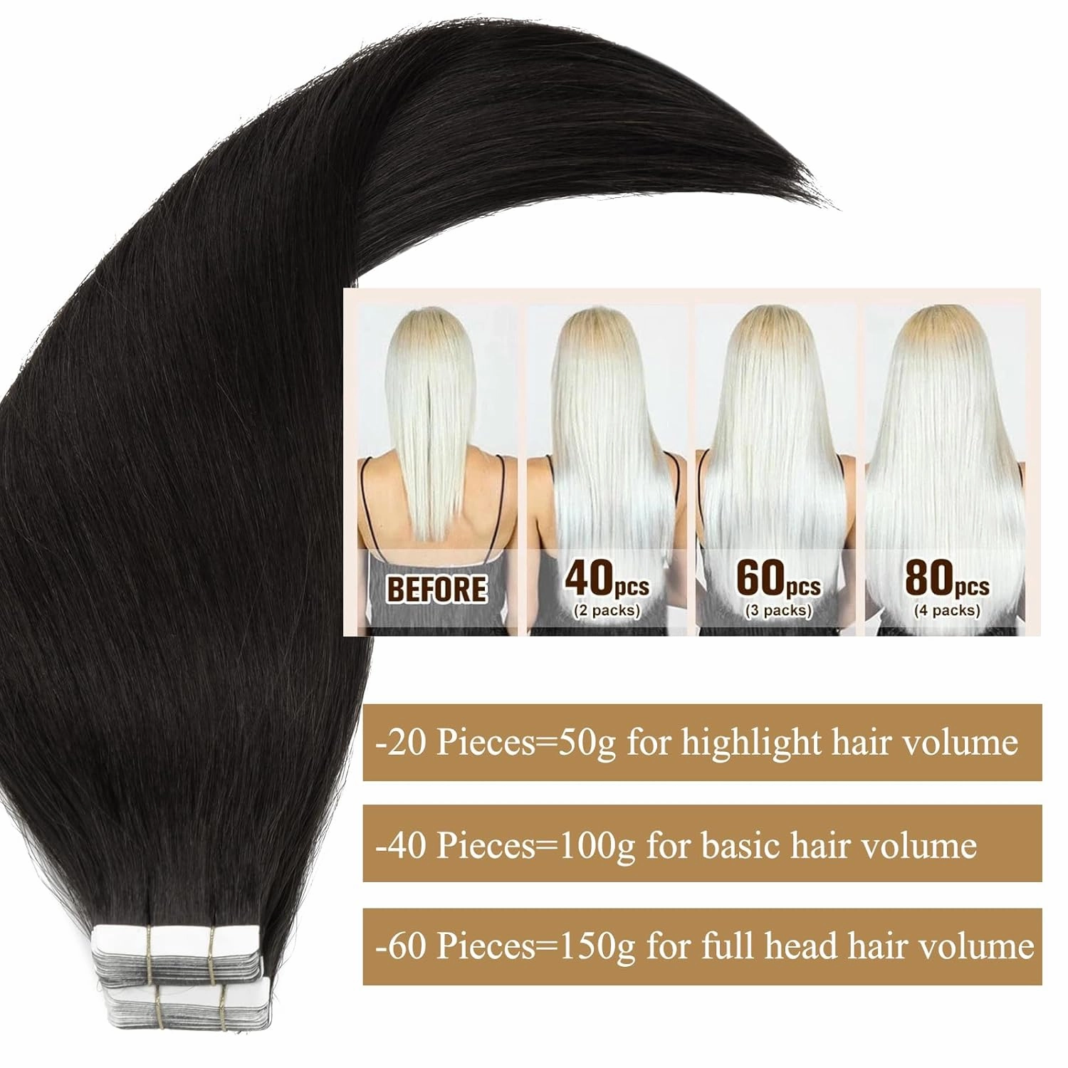 Loxxy Real Human Hair Tape in Extensions 12inch #1B Natural Black Tape in Hair Extensions Human Hair Black Women Glue in Extension Soft Hair Seamless PU Tape ins