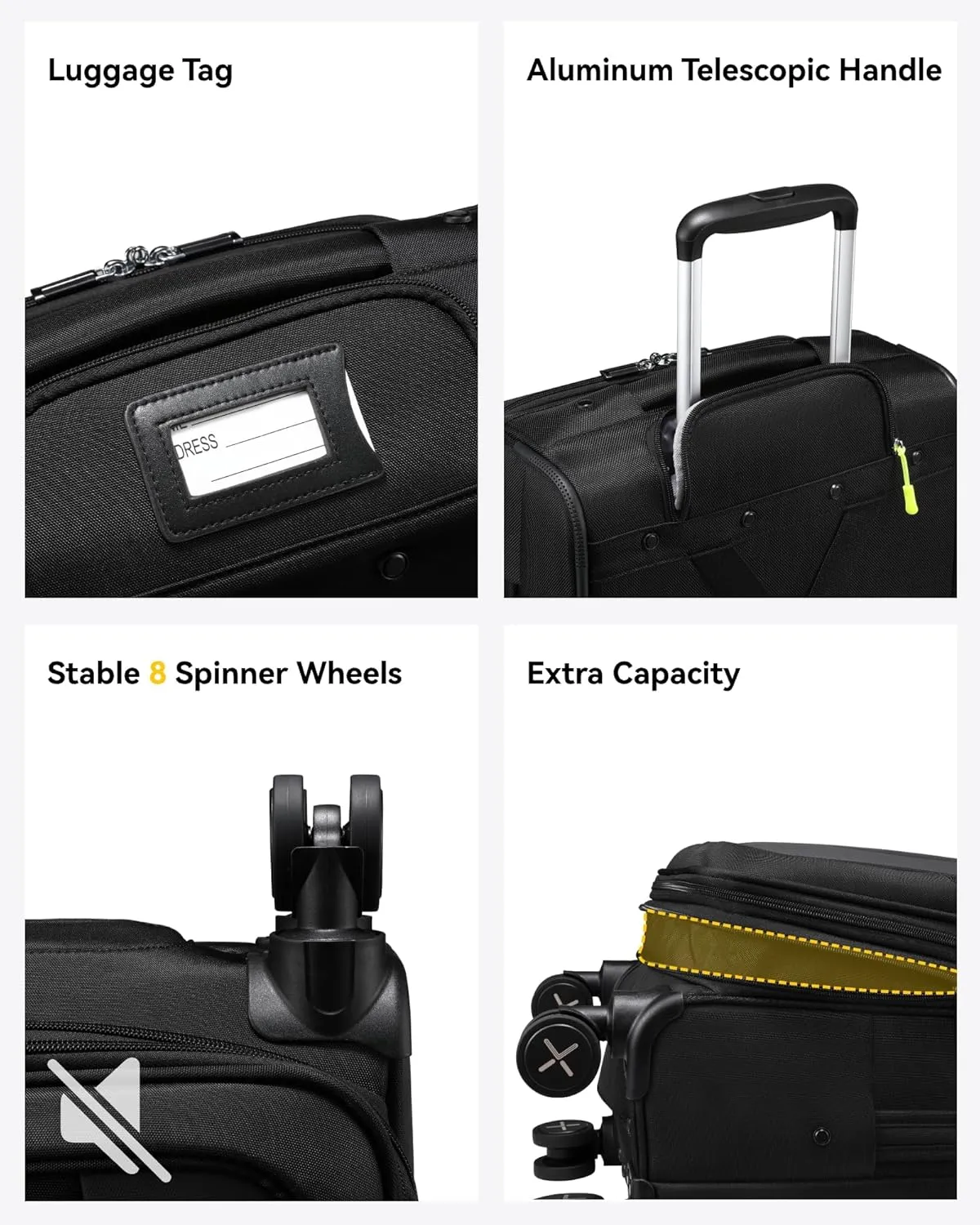 LUGGEX Carry On Luggage Suitcases with Spinner Wheels, 20 Inch Soft Sided Expandable Rolling Suitcase for Travel, Business (Black)