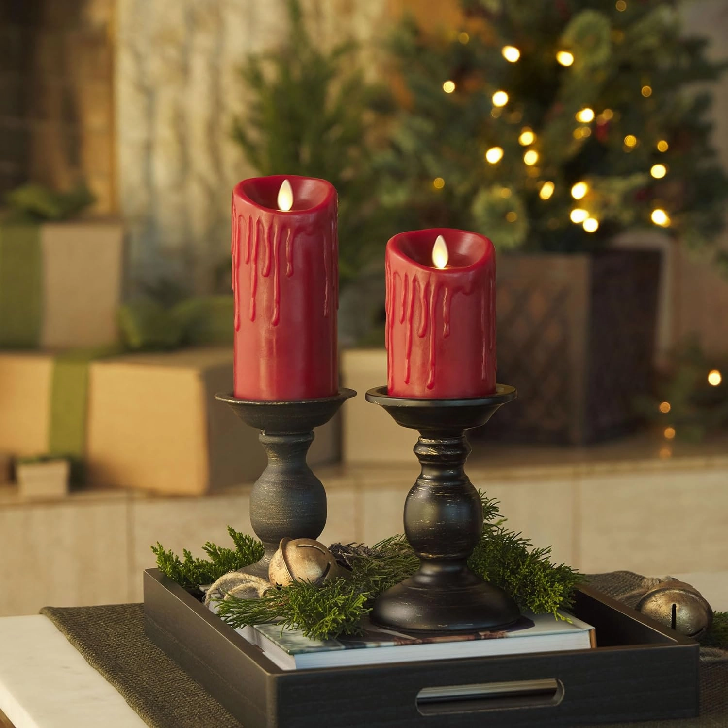 Luminara Wax Drip Flameless LED Candle, Burgundy 3" x 4.5", Timer Function, Real Wax Pillar, Battery Operated Unscented Safe, Long-Lasting