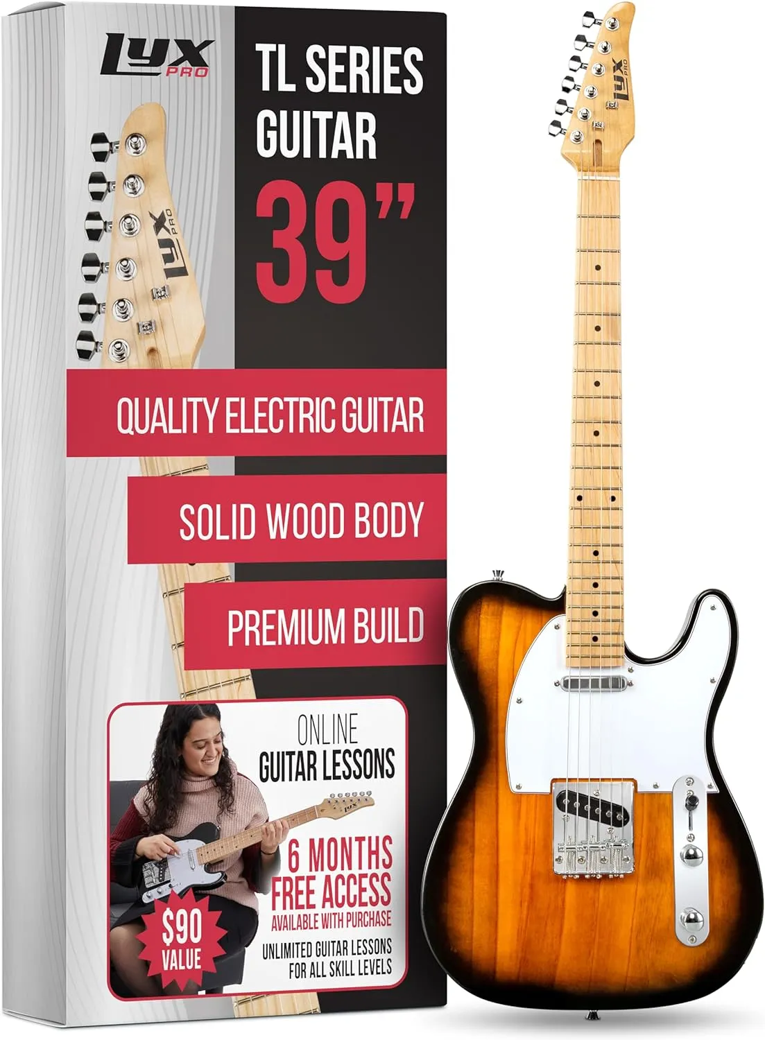 LyxPro 39” Electric Guitar TL Series, Full-Size Paulownia Wood Body, 3-Ply Pickguard, C-Shape Neck, Ashtray Bridge, Quality Gear Tuners, 3-Way Switch & Volume/Tone Controls, 2 Picks Included, Sunburst