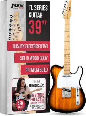 LyxPro 39” Electric Guitar TL Series, Full-Size Paulownia Wood Body, 3-Ply Pickguard, C-Shape Neck, Ashtray Bridge, Quality Gear Tuners, 3-Way Switch & Volume/Tone Controls, 2 Picks Included, Sunburst