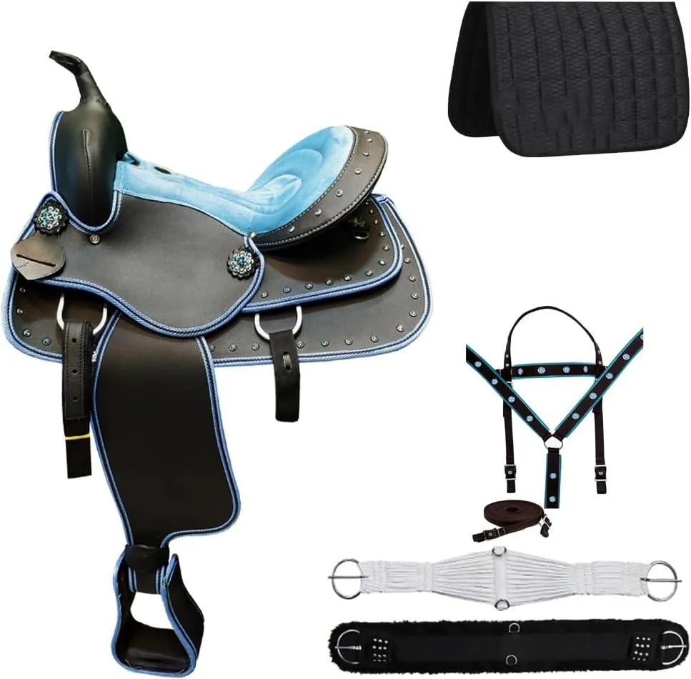 Manaal Enterprises Synthetic Western Barrel Racing Trail Equestrian Full Tack Set Comfort Horse Saddle Light Weight All Accessory Included Size 10-18 inches Seat Available