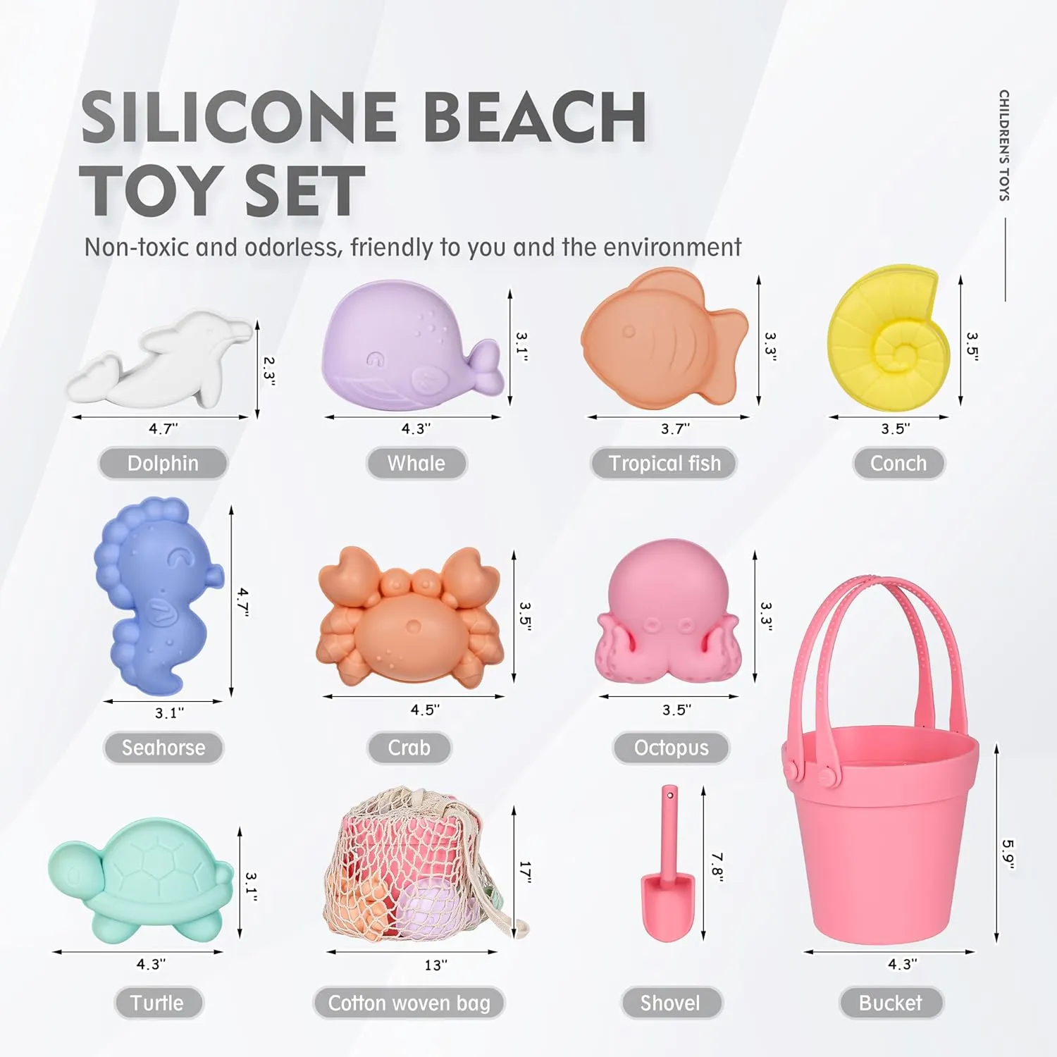 MarcZero 11Pcs Silicone Beach Toys,Modern Baby Beach Toys,Travel Friendly Beach Set,Eco Friendly Toy,Silicone Bucket, Shovel, 8 Sand Molds, Beach Bag,Silicone Sand Toys for Toddlers, Kids (Peach Pink)