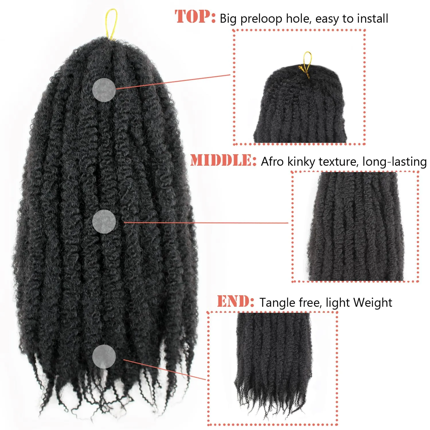 Marley Twist Braiding Hair 24 Inch Marley Twist Hair Long Cuban Twist Hair 8 Packs Afro Kinky Curly Twist Crochet Hair Synthetic Marley Hair Extensions (24 Inch 8packs, 1B)