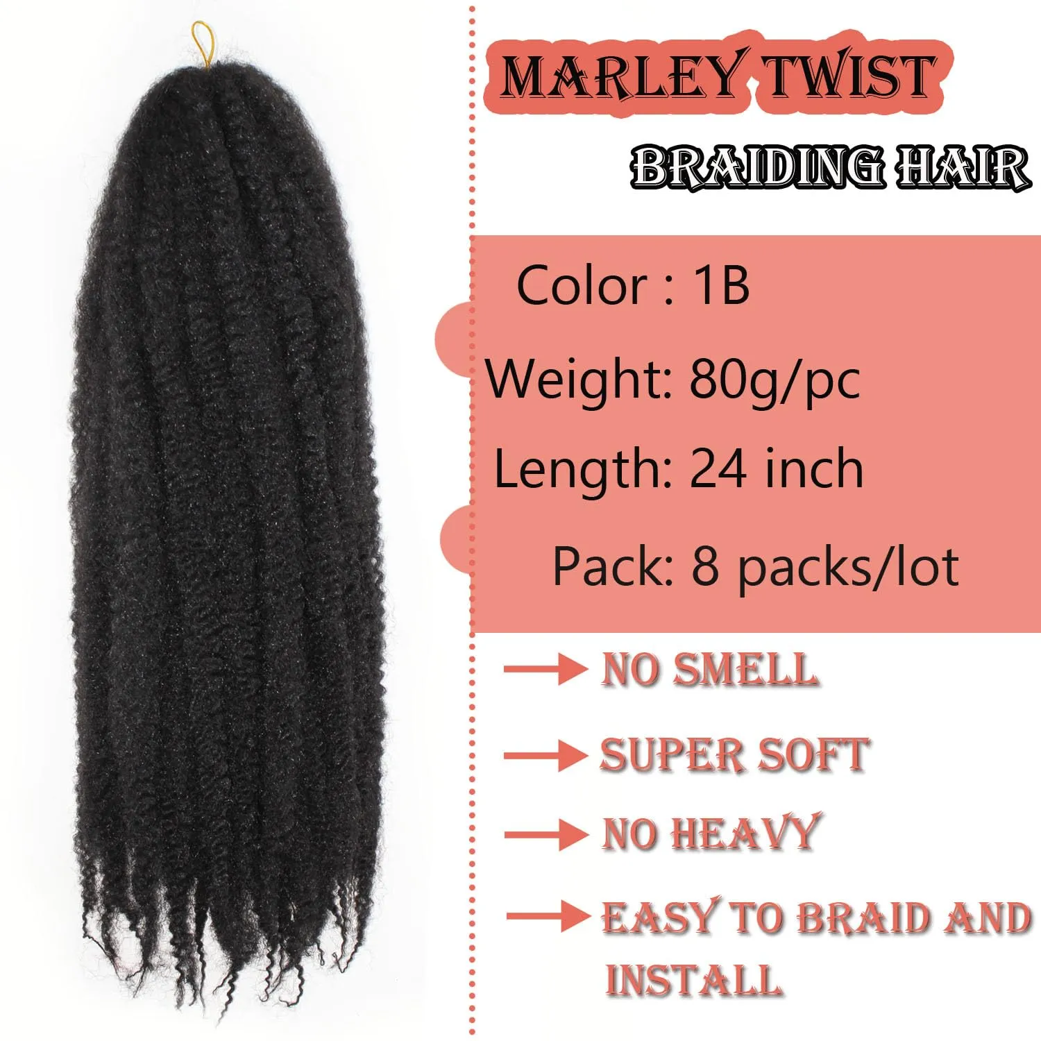 Marley Twist Braiding Hair 24 Inch Marley Twist Hair Long Cuban Twist Hair 8 Packs Afro Kinky Curly Twist Crochet Hair Synthetic Marley Hair Extensions (24 Inch 8packs, 1B)