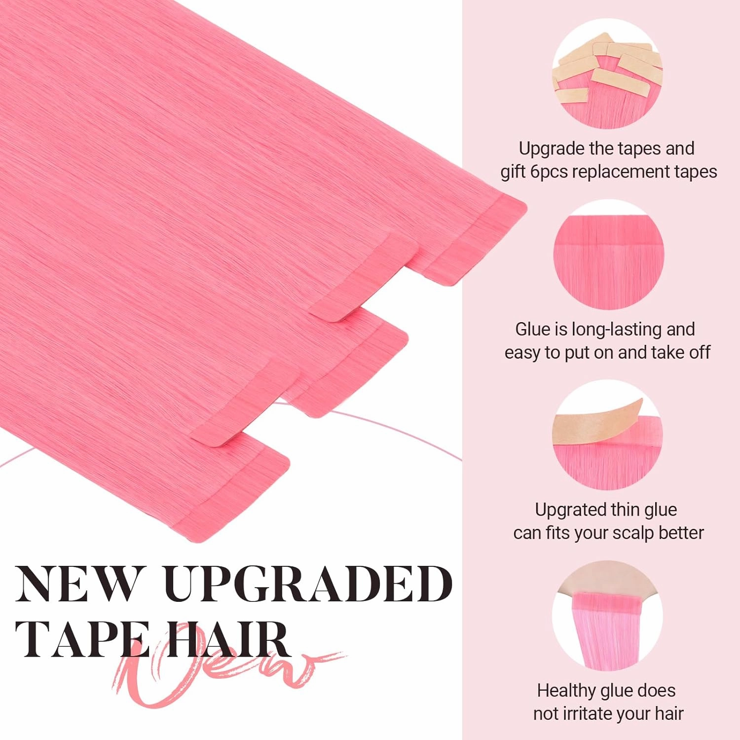 MAXITA Tape in Hair Extensions Human Hair Light Pink Tape in Extensions 16inch 10pcs 25g Remy Invisible Silky Straight Colored Soft Real Human Hair