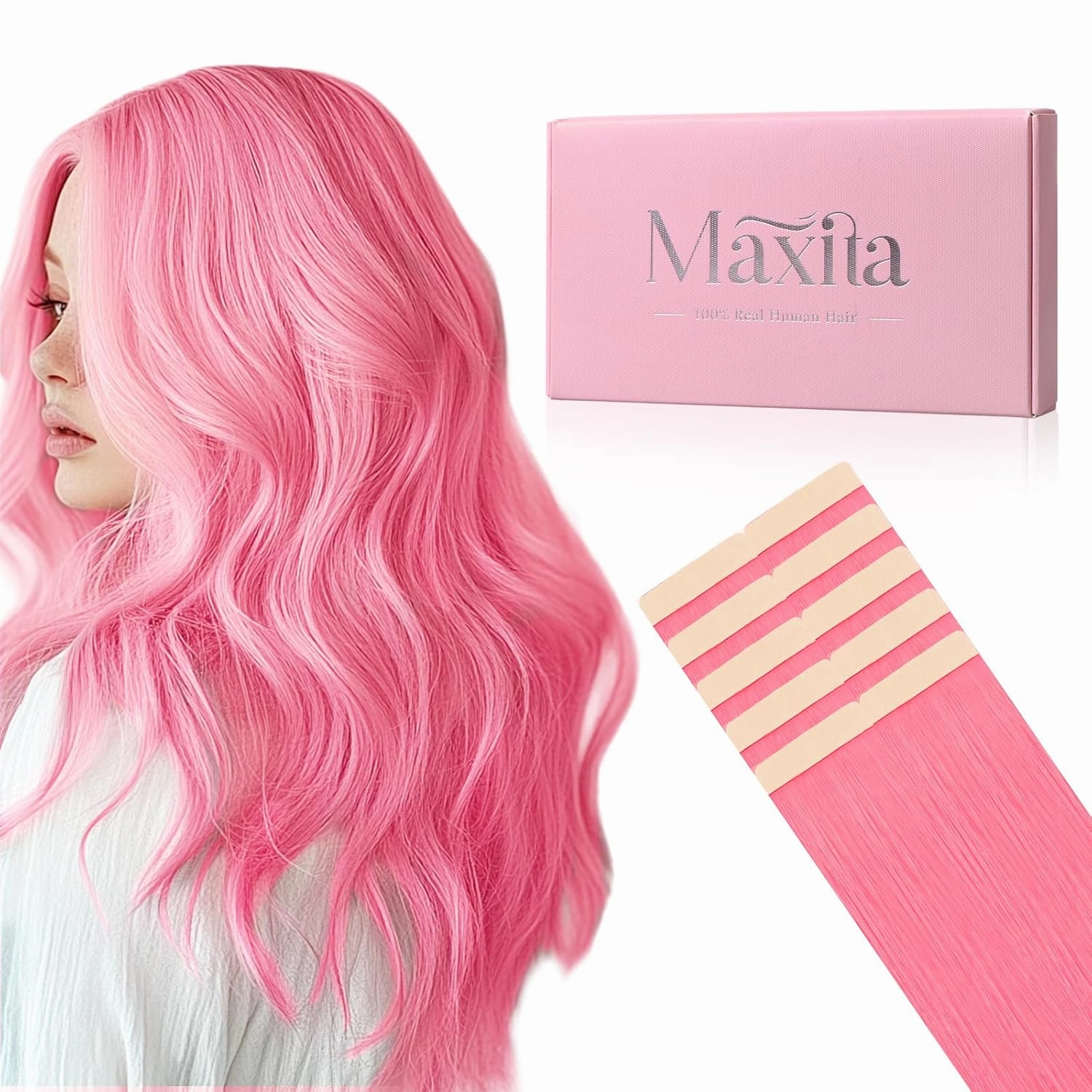 MAXITA Tape in Hair Extensions Human Hair Light Pink Tape in Extensions 16inch 10pcs 25g Remy Invisible Silky Straight Colored Soft Real Human Hair