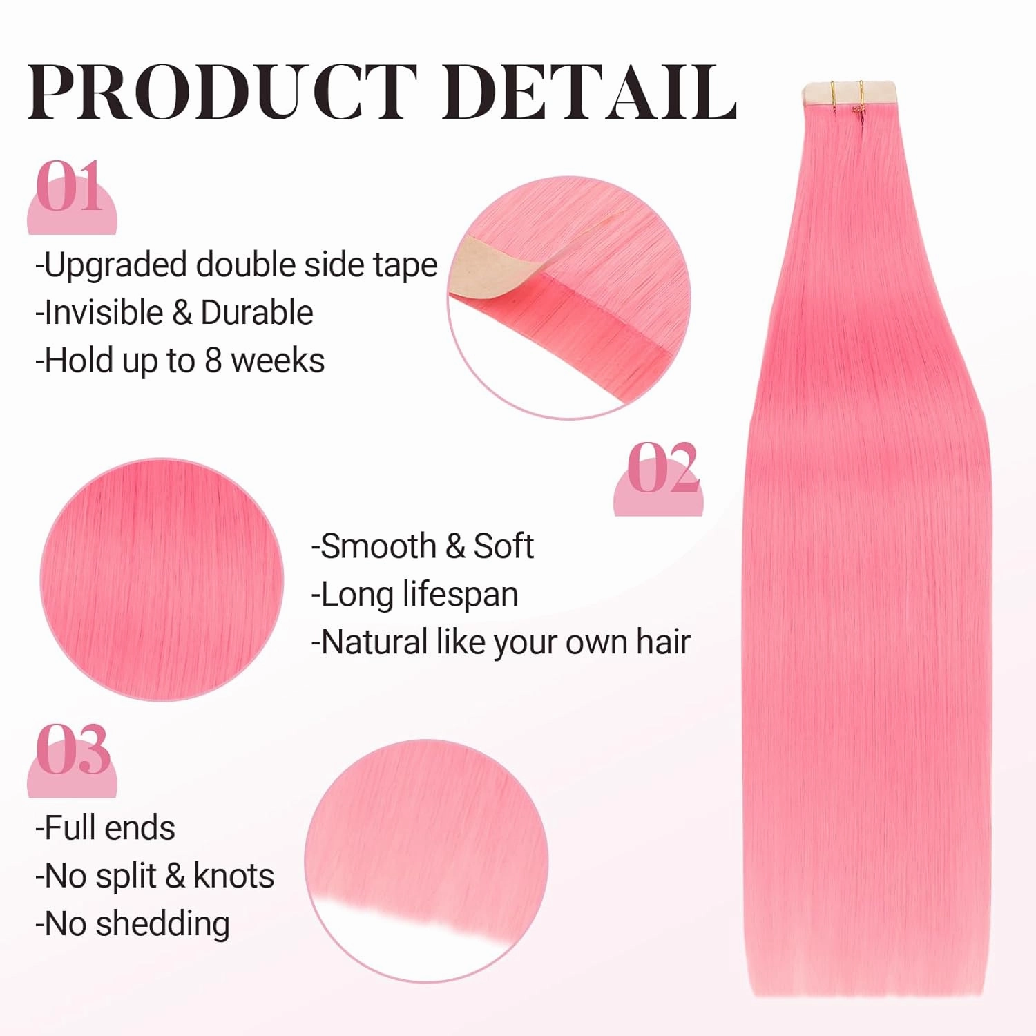 MAXITA Tape in Hair Extensions Human Hair Light Pink Tape in Extensions 16inch 10pcs 25g Remy Invisible Silky Straight Colored Soft Real Human Hair
