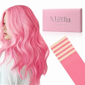 MAXITA Tape in Hair Extensions Human Hair Light Pink Tape in Extensions 16inch 10pcs 25g Remy Invisible Silky Straight Colored Soft Real Human Hair
