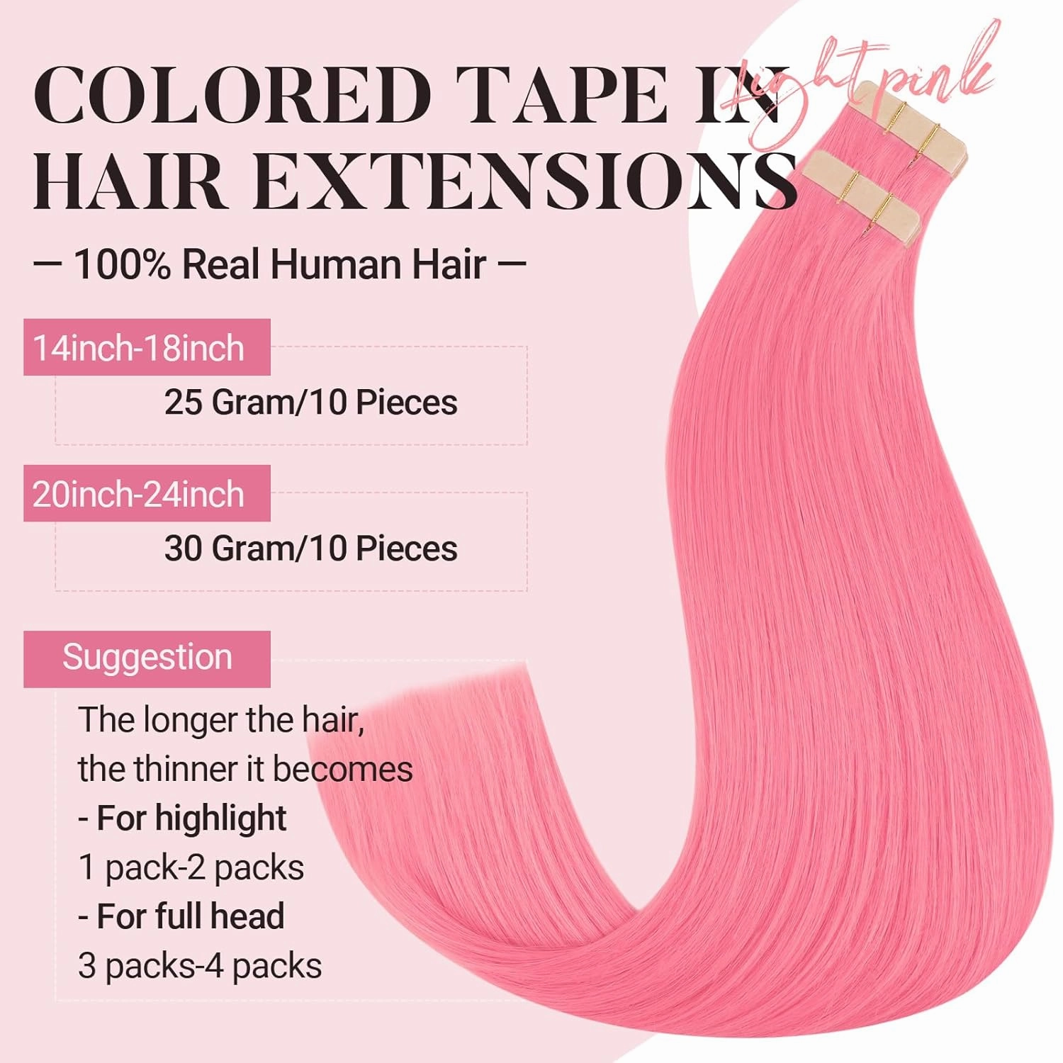 MAXITA Tape in Hair Extensions Human Hair Light Pink Tape in Extensions 16inch 10pcs 25g Remy Invisible Silky Straight Colored Soft Real Human Hair