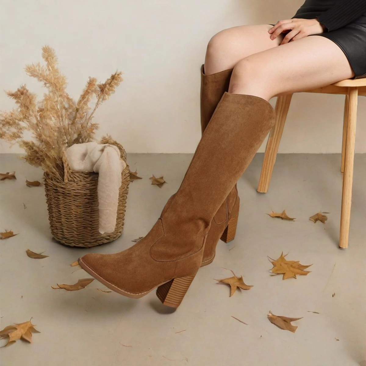 MeiLuSi Womens Knee High Boots Pointed Toe Suede Boots Chunky Heel Faux Slouchy Shoes Tall Fall 2025 Side Zipper