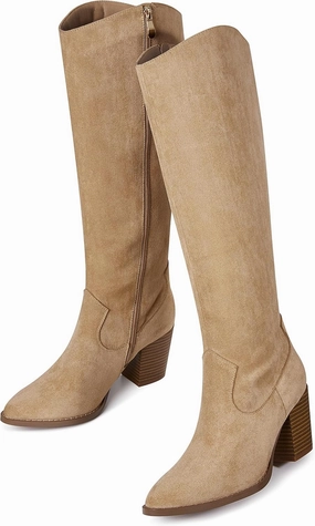 MeiLuSi Womens Knee High Boots Pointed Toe Suede Boots Chunky Heel Faux Slouchy Shoes Tall Fall 2025 Side Zipper
