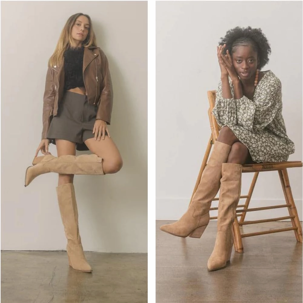 MeiLuSi Womens Knee High Boots Pointed Toe Suede Boots Chunky Heel Faux Slouchy Shoes Tall Fall 2025 Side Zipper