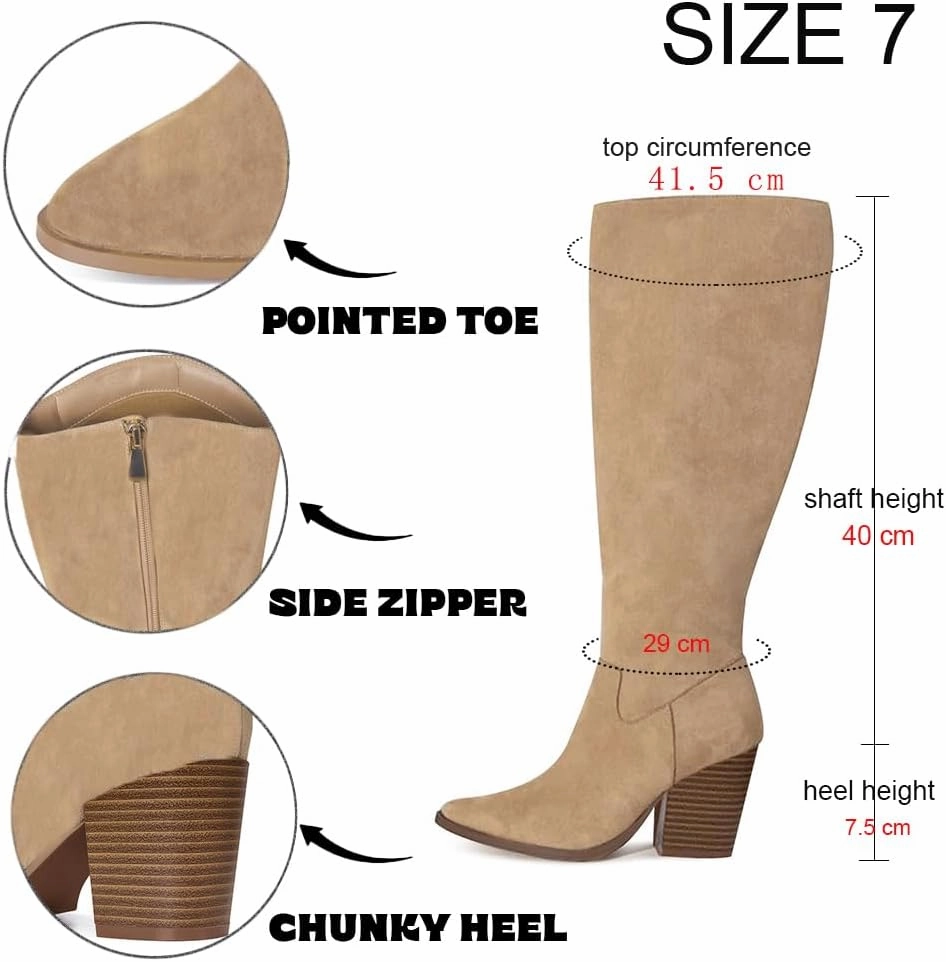 MeiLuSi Womens Knee High Boots Pointed Toe Suede Boots Chunky Heel Faux Slouchy Shoes Tall Fall 2025 Side Zipper