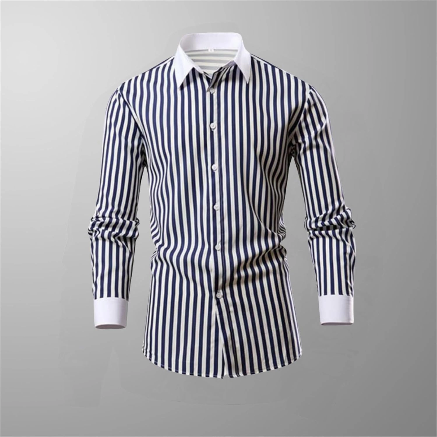 Men's Long Sleeve Striped Shirt Button Down Regular Fit Lapel Shirts Spring and Autumn Trendy Casual Work Outfit