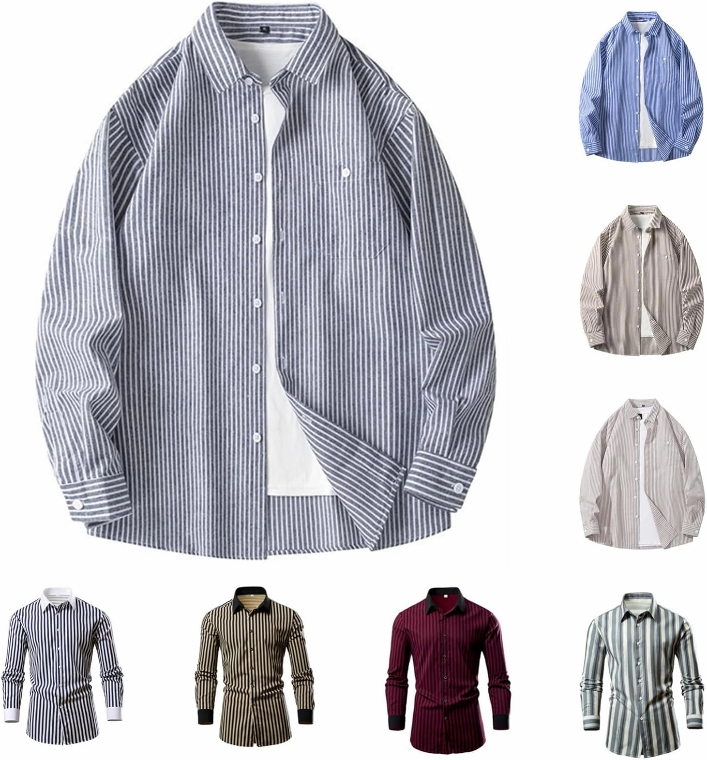 Men's Long Sleeve Striped Shirt Button Down Regular Fit Lapel Shirts Spring and Autumn Trendy Casual Work Outfit