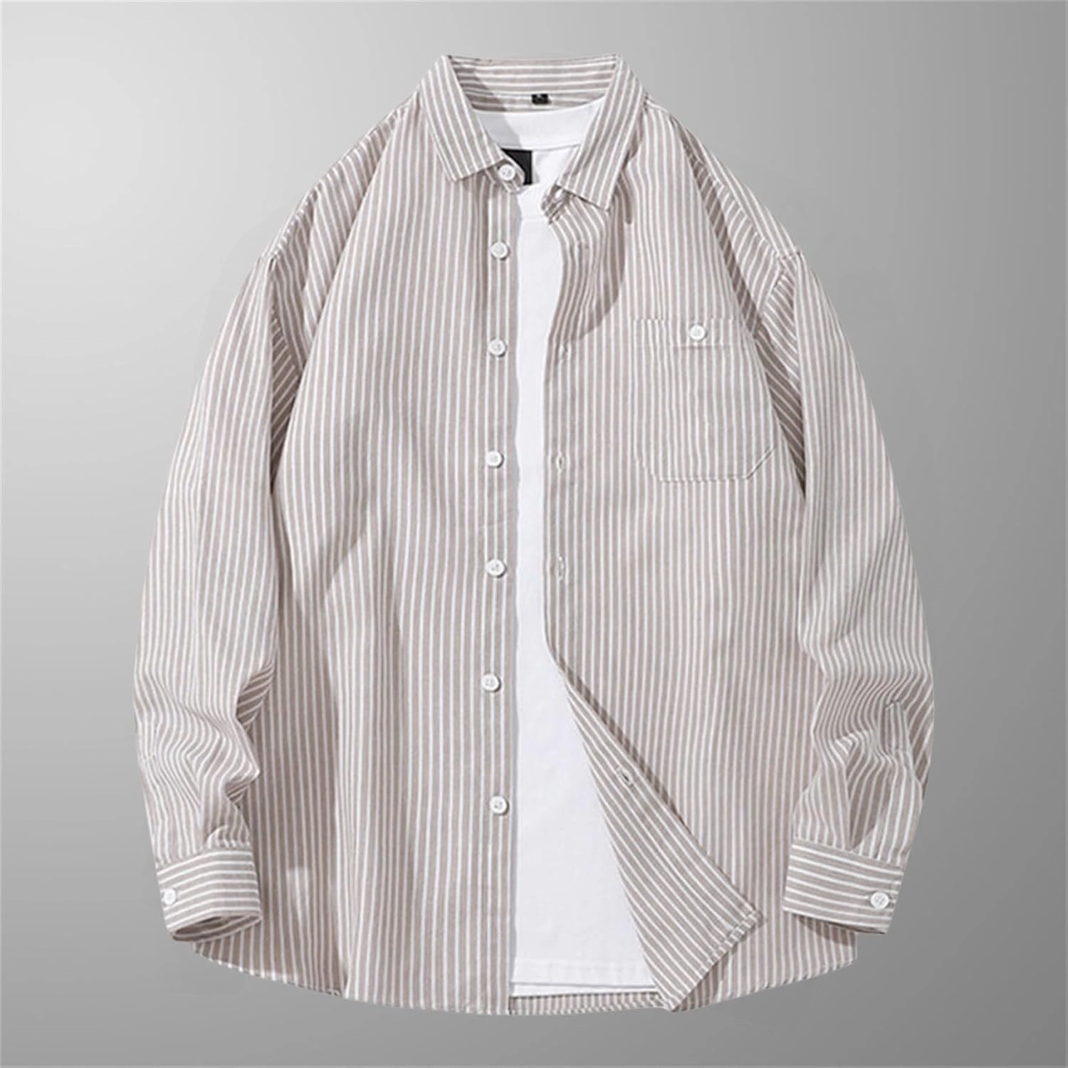 Men's Long Sleeve Striped Shirt Button Down Regular Fit Lapel Shirts Spring and Autumn Trendy Casual Work Outfit