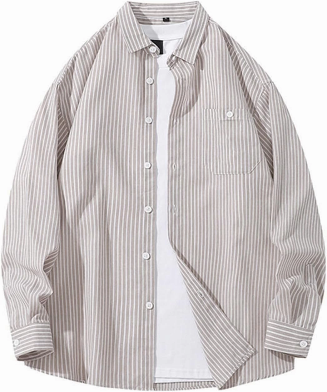 Men's Long Sleeve Striped Shirt Button Down Regular Fit Lapel Shirts Spring and Autumn Trendy Casual Work Outfit