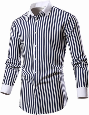 Men's Long Sleeve Striped Shirt Button Down Regular Fit Lapel Shirts Spring and Autumn Trendy Casual Work Outfit
