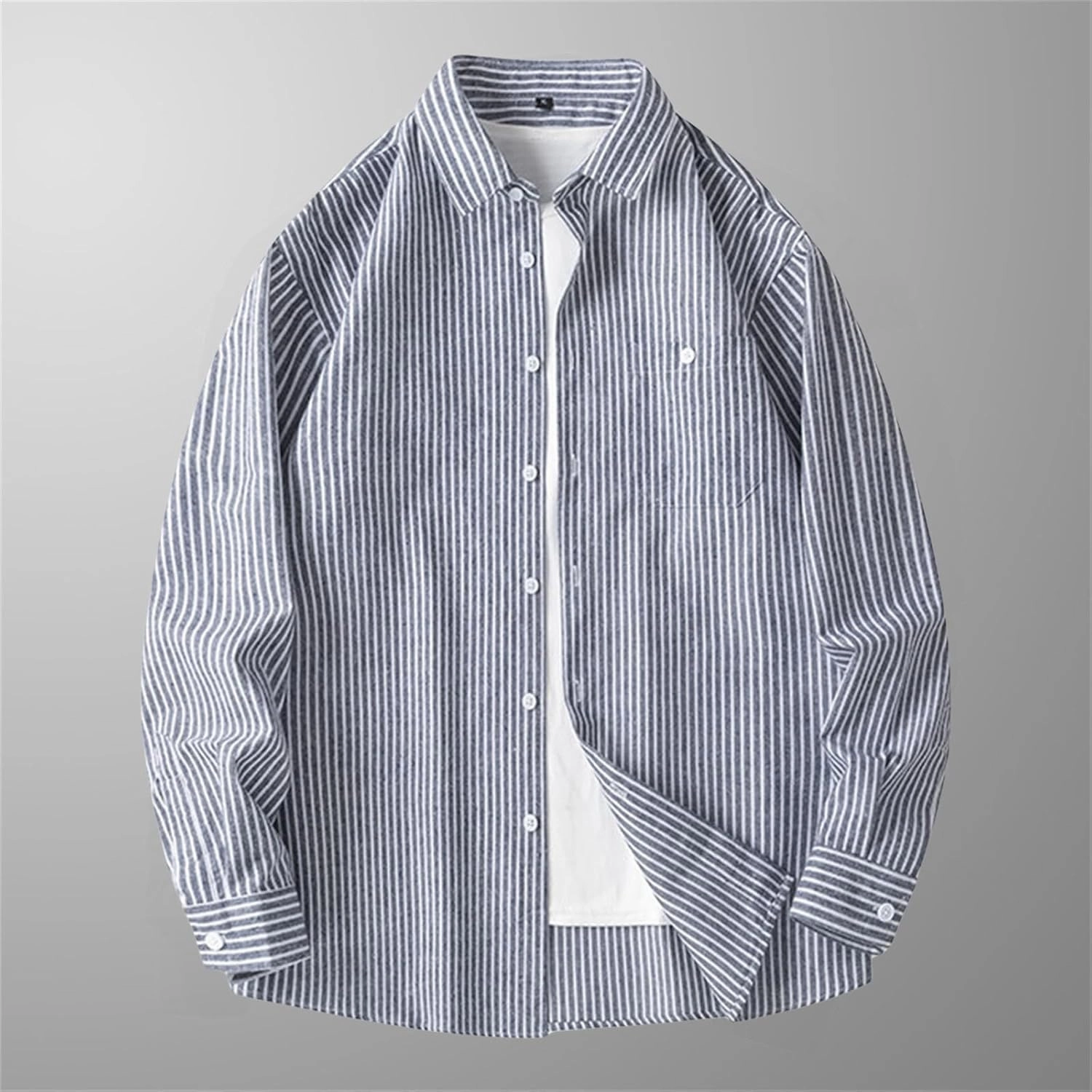 Men's Long Sleeve Striped Shirt Button Down Regular Fit Lapel Shirts Spring and Autumn Trendy Casual Work Outfit