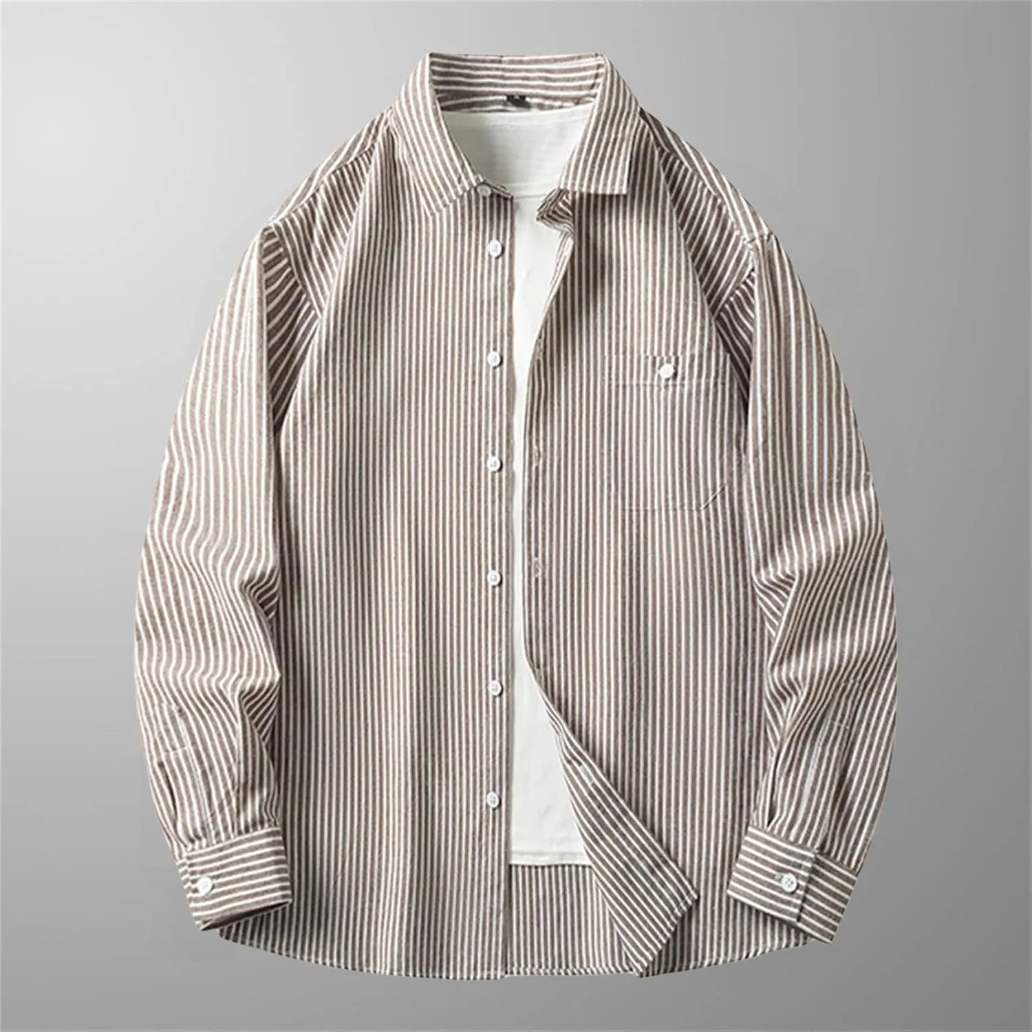 Men's Long Sleeve Striped Shirt Button Down Regular Fit Lapel Shirts Spring and Autumn Trendy Casual Work Outfit