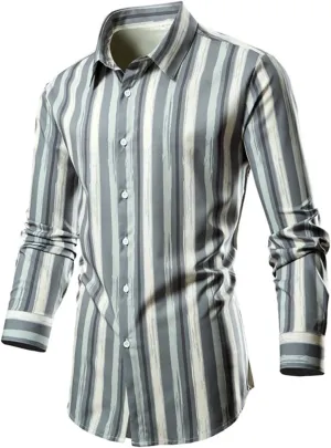 Men's Long Sleeve Striped Shirt Button Down Regular Fit Lapel Shirts Spring and Autumn Trendy Casual Work Outfit