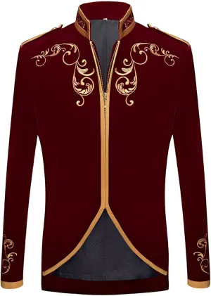 Men's Stylish Prince Velvet Blazer Slim Fit Gold Embroidery Jacket Suit Court Uniform Costume Tux Dress Suits