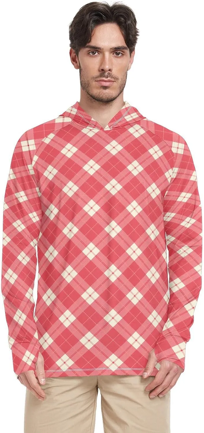 Mens Sun Protection Hoodie Long Sleeve Sun Shirt with Hood UPF 50  Fishing Shirt Mens Rash Guard Crimson Plaid