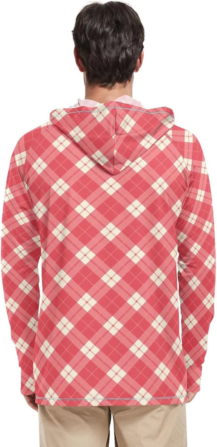 Mens Sun Protection Hoodie Long Sleeve Sun Shirt with Hood UPF 50  Fishing Shirt Mens Rash Guard Crimson Plaid