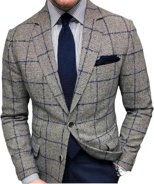 Mens Wool Blend Plaid Business Blazer Slim Fit Lightweight Casual Jacket Notch Lapel Single Breasted Long Sleeve with Pocket