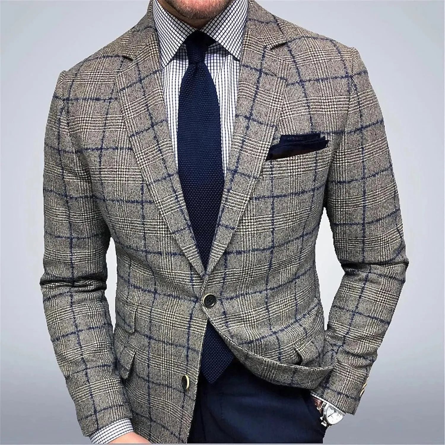 Mens Wool Blend Plaid Business Blazer Slim Fit Lightweight Casual Jacket Notch Lapel Single Breasted Long Sleeve with Pocket