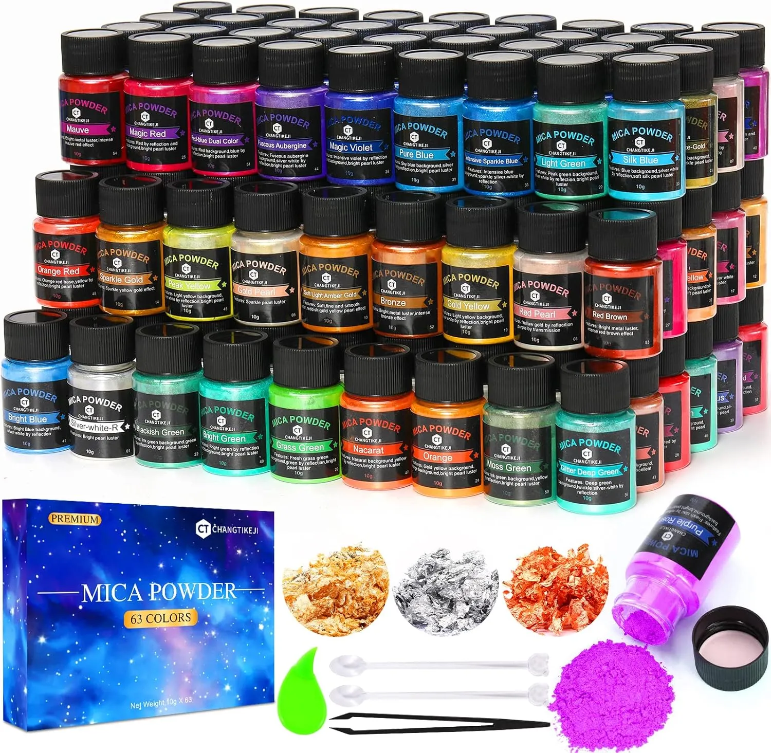 Mica Powder，63 Colors - 10g/Bottle of Natural Pigment Powder for Epoxy Resin，Lip Gloss，Eye Shadow,Car Paint, Dye,Soap Making,Nail Polish,Candle Making,Bath Bombs