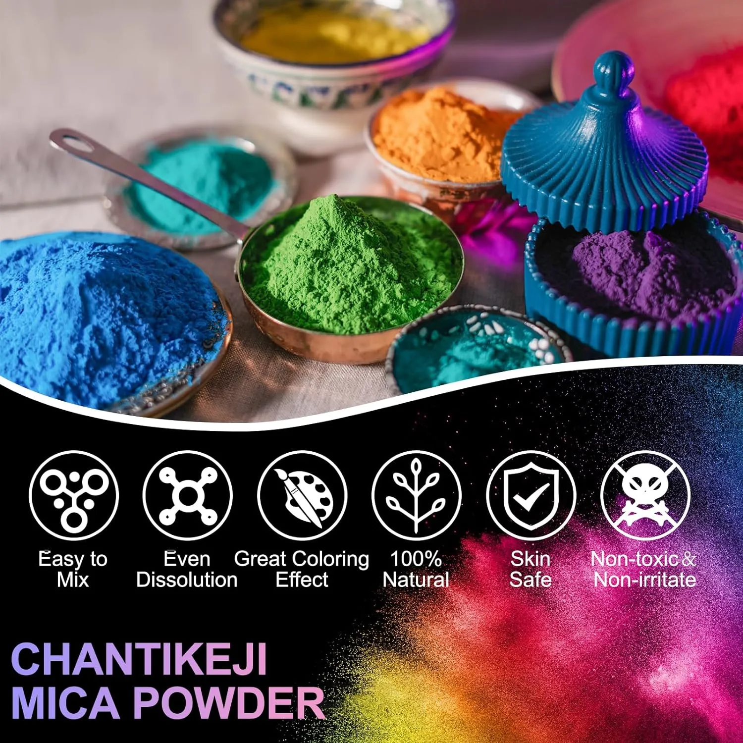 Mica Powder，63 Colors - 10g/Bottle of Natural Pigment Powder for Epoxy Resin，Lip Gloss，Eye Shadow,Car Paint, Dye,Soap Making,Nail Polish,Candle Making,Bath Bombs