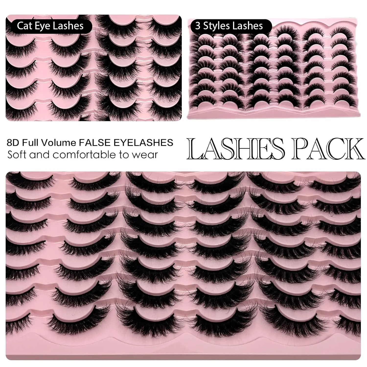 Mink Lashes Fluffy Natural Cat Eye Strip Lashes Pack Wispy C Curl 3D Cateye False Eyelashes Natural Look Faux Mink Eyelashes Bulk