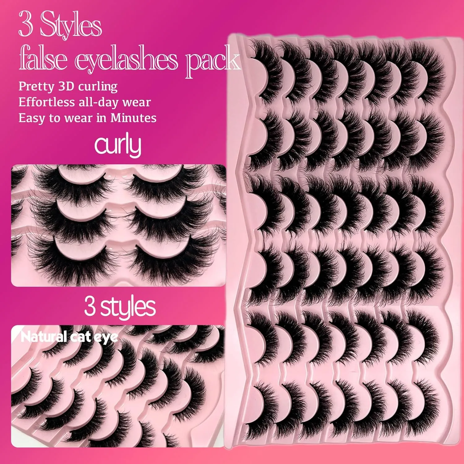 Mink Lashes Fluffy Natural Cat Eye Strip Lashes Pack Wispy C Curl 3D Cateye False Eyelashes Natural Look Faux Mink Eyelashes Bulk