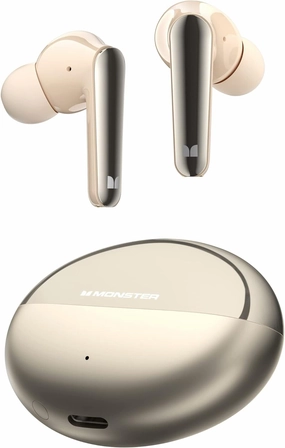 Monster N-Lite 203 AirLinks Wireless Earbuds, Bluetooth 5.3 Hi-Fi Stereo Sound, 30 Hours Playback, Type-C Fast Charging, HD Clear Calls, Touch Control, IPX6 Waterproof in-Ear Headphones (Golden)