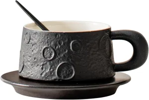 Moon planet cup with black peach pad coffee cups, unique meteorite relief coffee mugs, 6.7-ounce safe matte ceramic coffee mug and saucer set for cappuccino, espresso, and latte